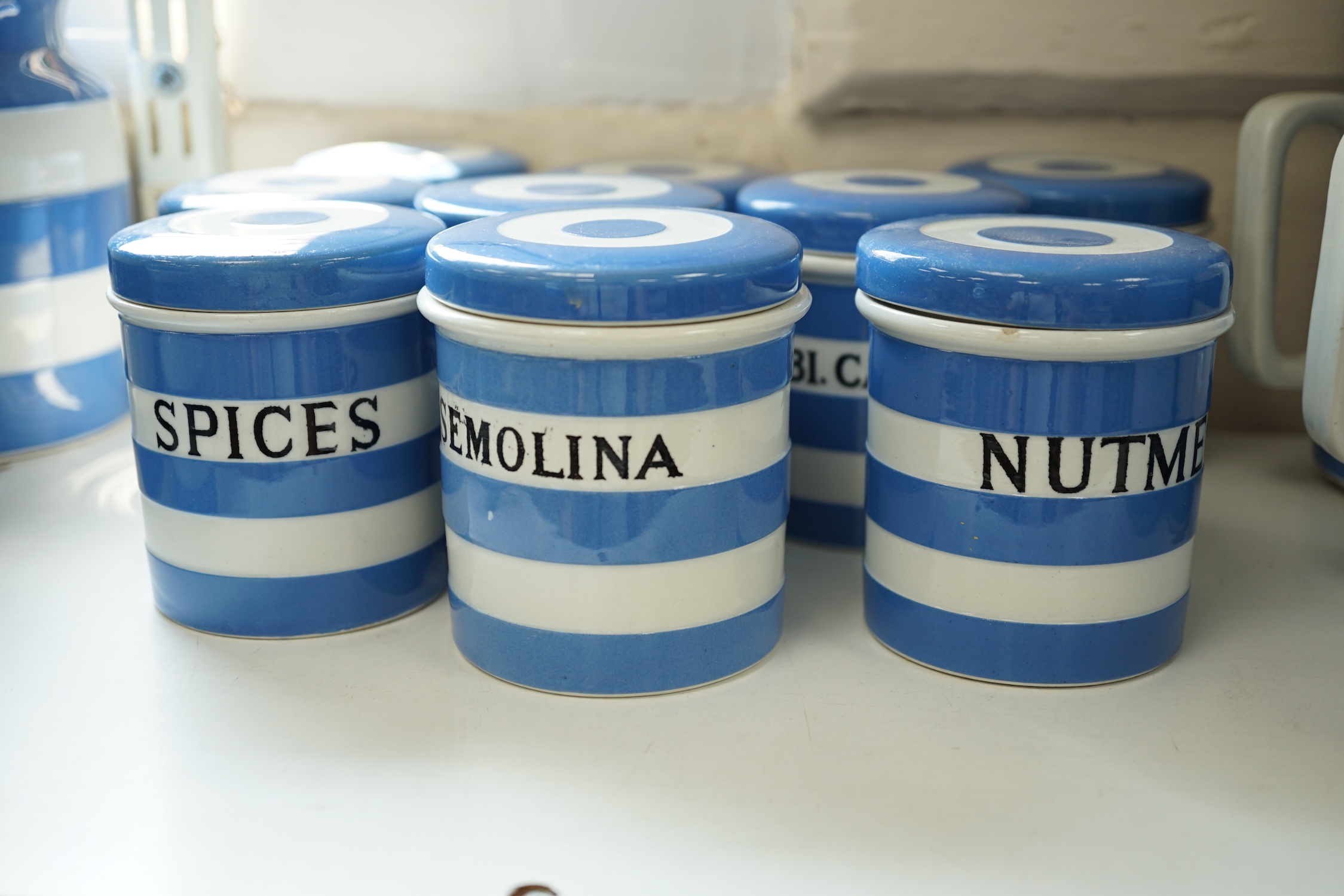 T.G.Green Cornish Kitchenware, eleven 9cm lidded storage jars to include Bi.Carb. Soda (2), Semolina, Ground-Ginger, Parsley, Pepper and Peel, Black Shield marks. Condition - fair to good